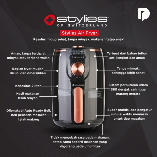 Air Fryer Stylies 2 Liter 1.000 watt Hitam - Image 5